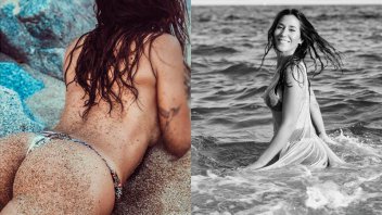 Jimena Barón, en topless y cubierta de arena