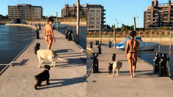 Morocha paseó a sus mascotas luciendo una diminuta bikini