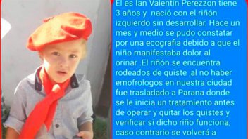 Familiares de un niño con tratamiento en Paraná piden ayuda