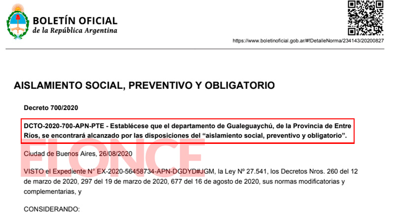 El gobierno nacional declaró en aislamiento a todo el departamento Gualeguaychú