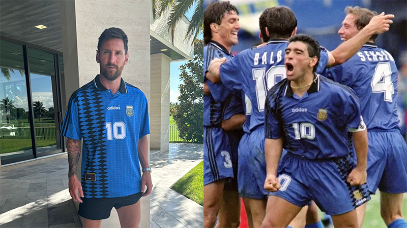 Messi lució con la camiseta de Argentina que usó Maradona en el Mundial 1994.
