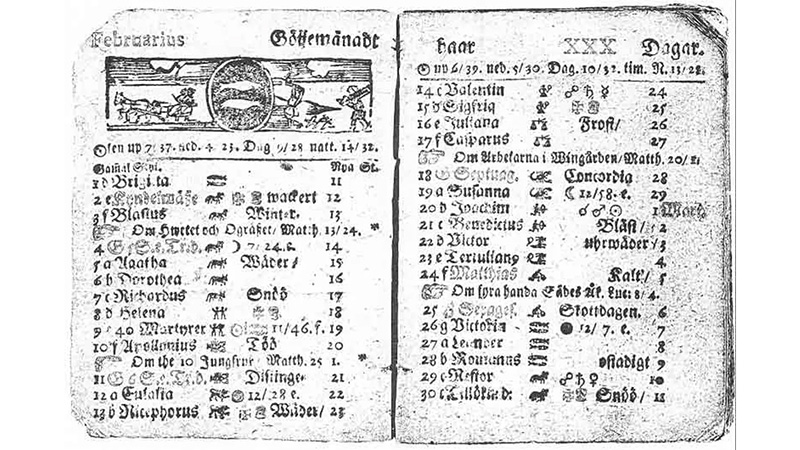 Las p&aacute;ginas de un almanaque sueco de 1712