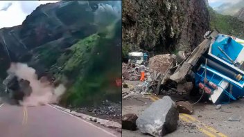 Video: el momento en que una avalancha de rocas gigantes aplasta dos camiones