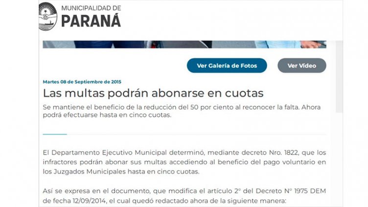 La Municipalidad de Paraná desmintió que las multas puedan pagarse en cuotas