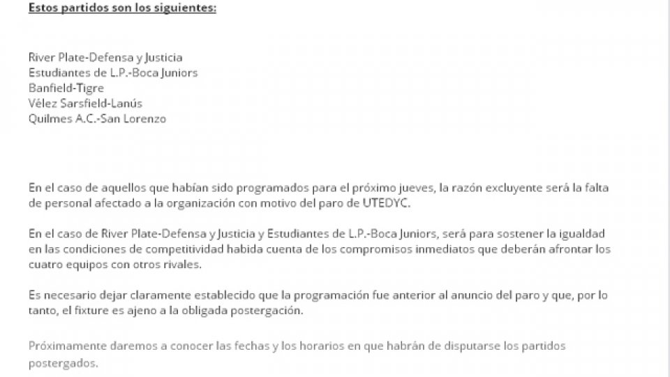 El comunicado de AFA que anunciaba los partidos supendidos en primera instancia.