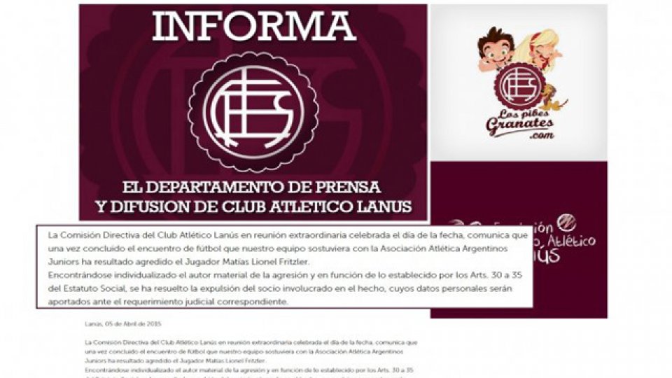 &quot;Vamos a expulsar al socio que agredió a Fritzler&quot;, dijeron desde Lanús.