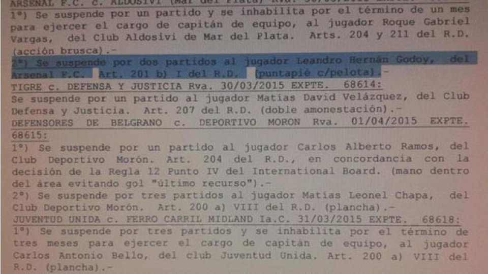 El boletín de AFA con la sanción a Godoy.