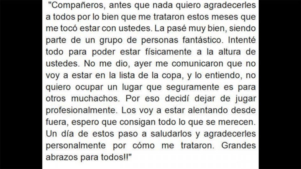 La carta de Pablo Aimar a sus compañeros.