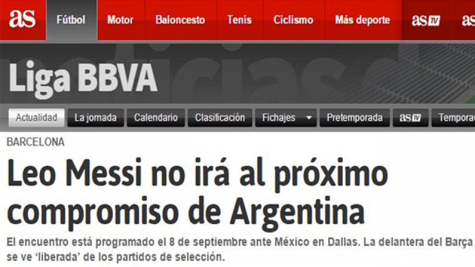 El diario As de Madrod anuncia la ausencia de la Pulga en la Selecci&oacute;n.