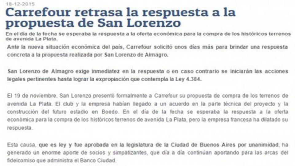 El comunicado oficial emitido por San Lorenzo.