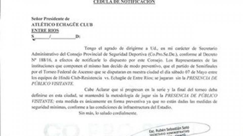 El comunicado del Consejo Provincial de Seguridad Deportiva del Chaco.