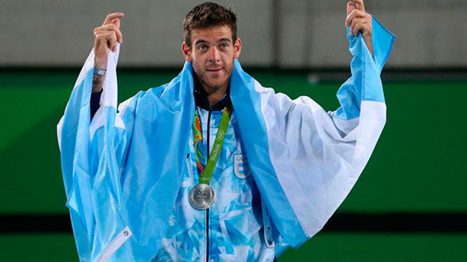 Juan Mart&iacute;n Del Potro con la bandera nacional en Brasil.
