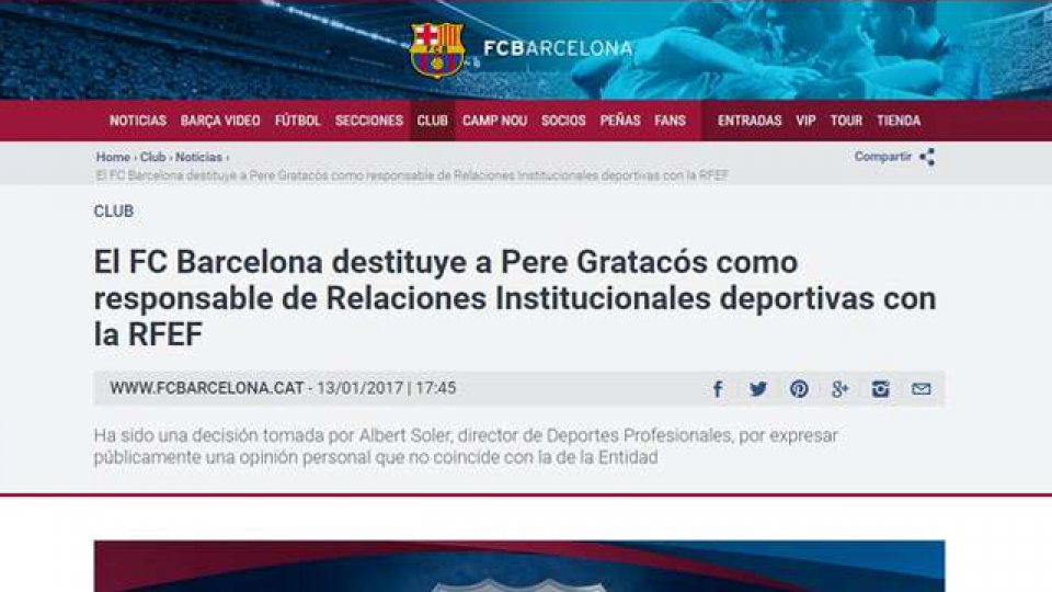 El comunicado del Barcelona anunciando el despido del dirigente.