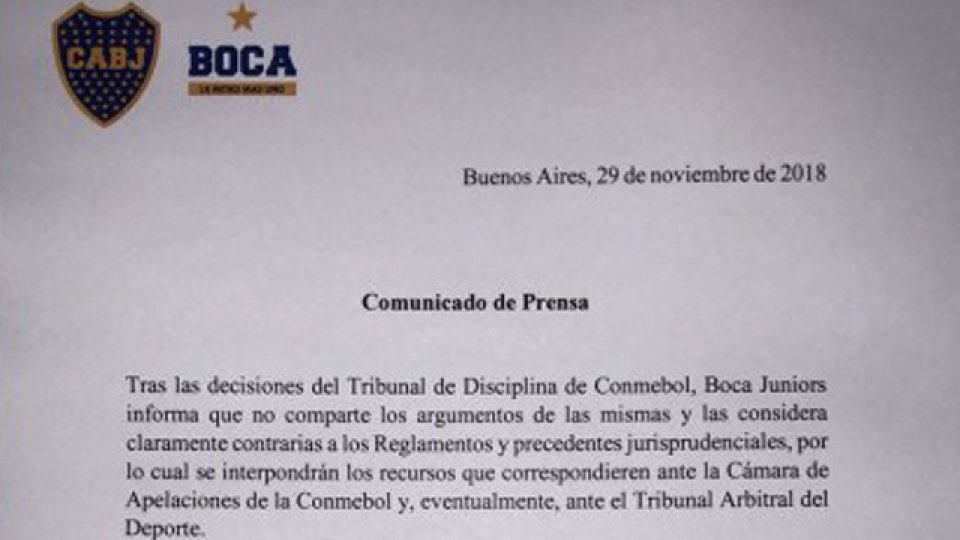 El comunicado oficial de Boca donde anuncia que agotará instancias de apelación.