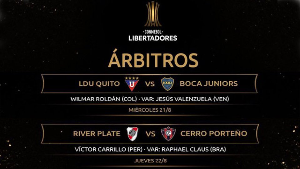 Los árbitros para Liga de Quito-Boca y River-Cerrro Porteño en la Libertadores.