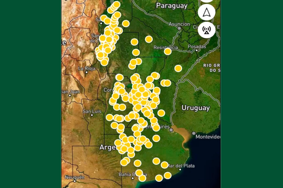 Distribuci&oacute;n de las localidades relevadas en el primer informe de la Red Nacional de Monitoreo de la chicharrita del ma&iacute;z.