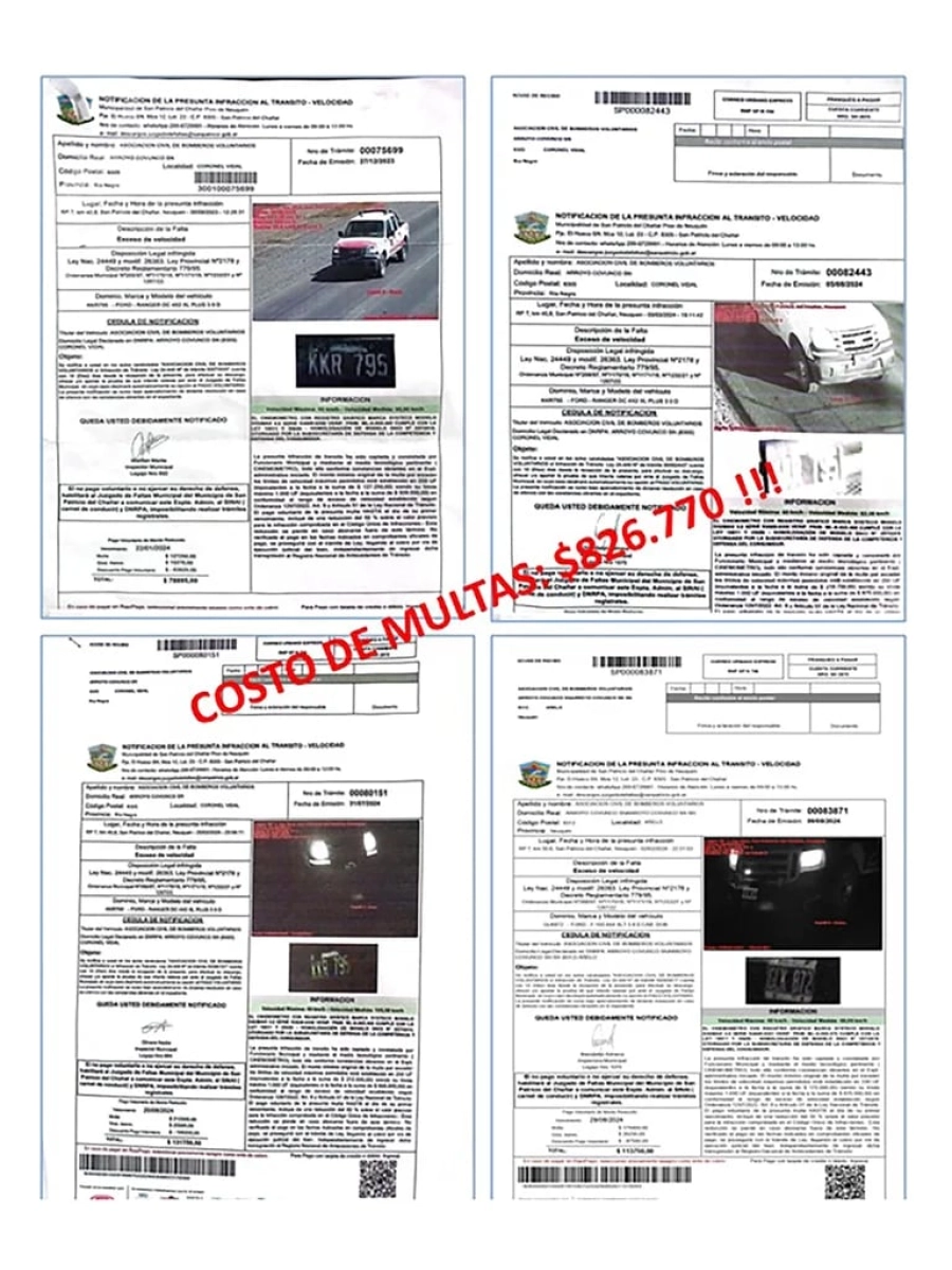 Las fotos de las multas fueron compartidas en las red social Facebook junto a un descargo del personal (Asociación Bomberos Voluntarios San Patricio del Chañar)