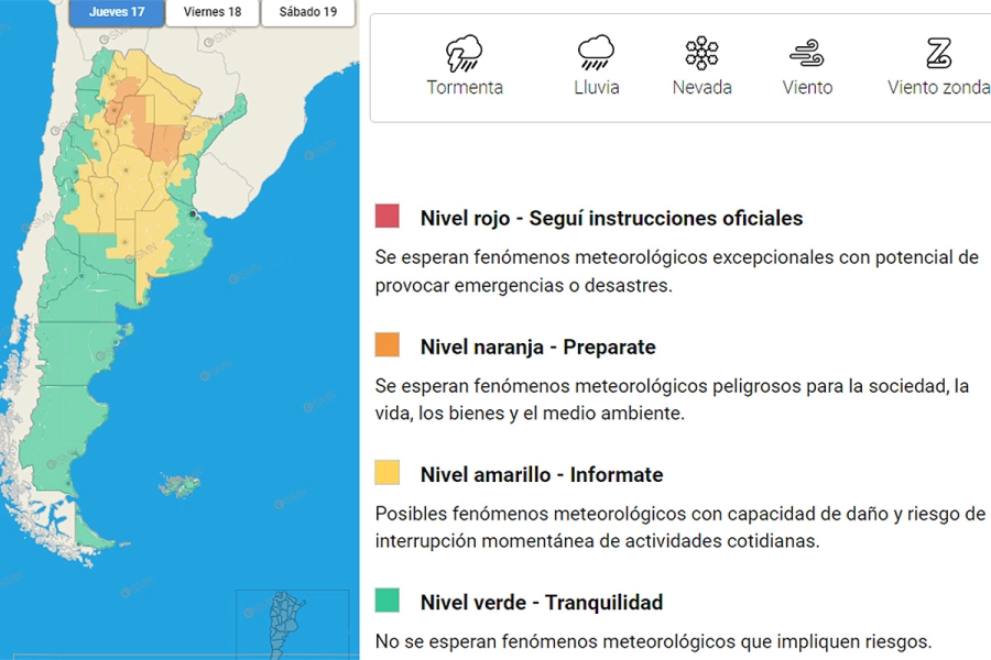 Amplia zona del pa&iacute;s en alerta por tormenta. SMN