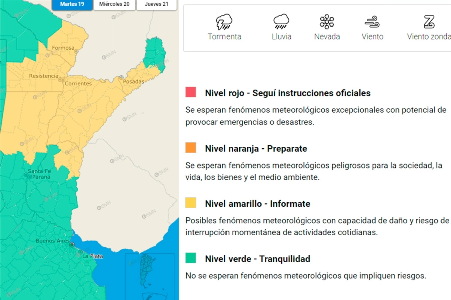 La zona en alerta por tormentas. SMN