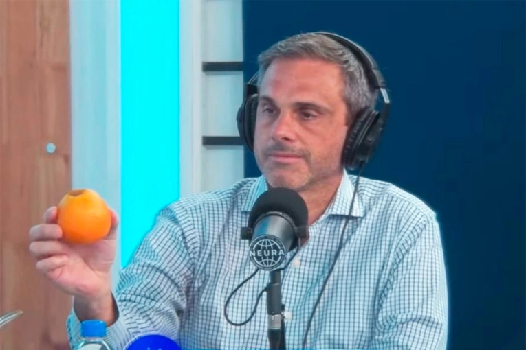 Con una naranja importada de Egipto, Michel ejemplificó la "desprotección del productor argentino"