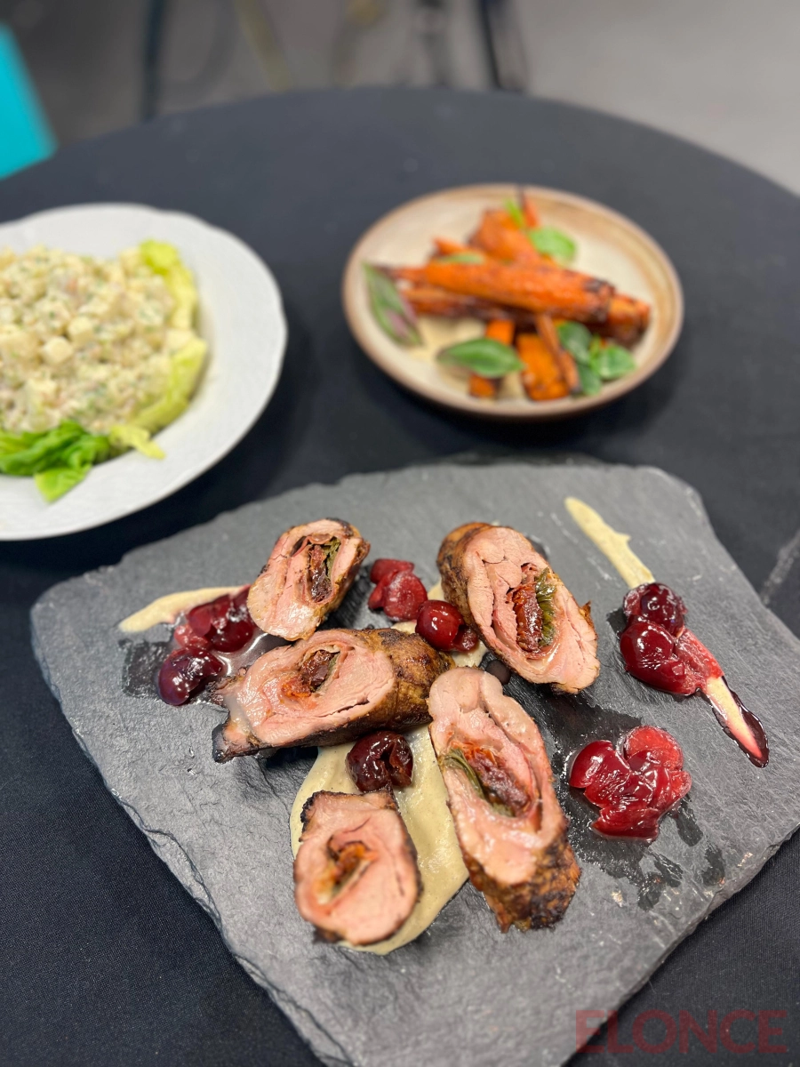 Lomo de cerdo con salsa de ciruelas y ensalada waldorf. (foto: Elonce)