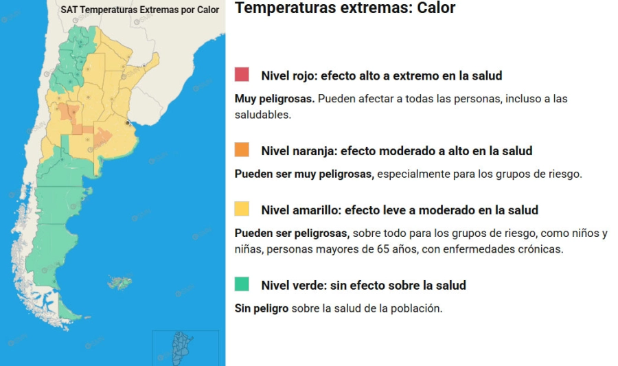 Las zonas en alerta por temperaturas extremas. SMN