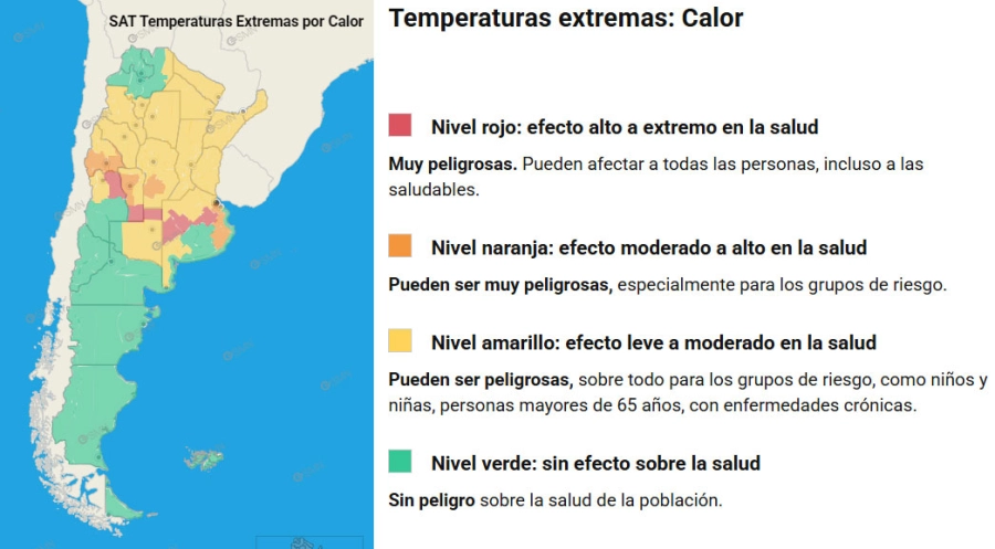 Las zonas en alerta por temperaturas extremas. SMN