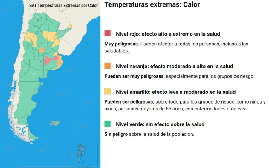 Las zonas en alerta por temperaturas extremas. SMN