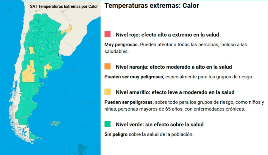 Las zonas en alerta por temperaturas extremas. SMN