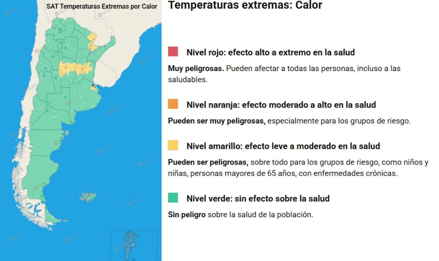 Las zonas en alerta por temperaturas extremas. SMN