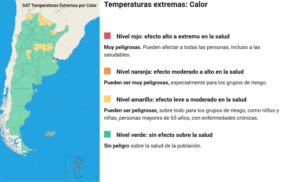 Las zonas en alerta por temperaturas extremas. SMN