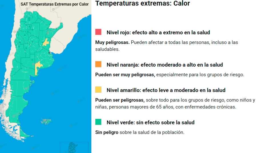 Las zonas en alerta por temperaturas extremas. SMN
