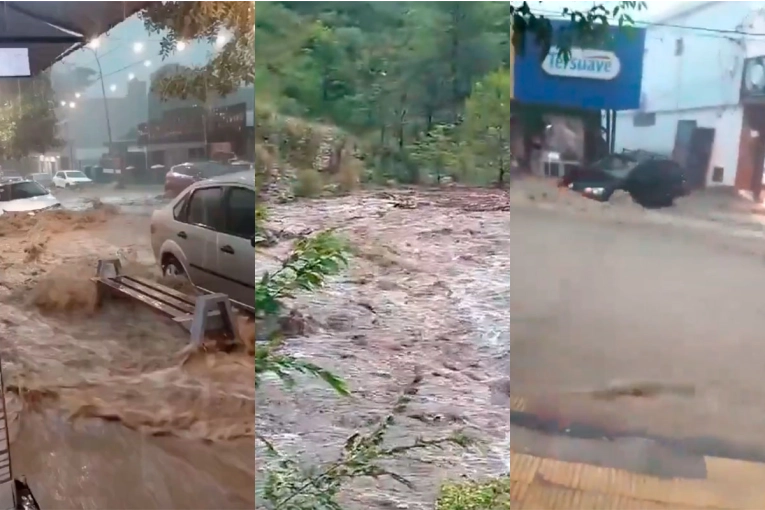 Temporal en las sierras de Córdoba: calles inundadas y crecida de ríos