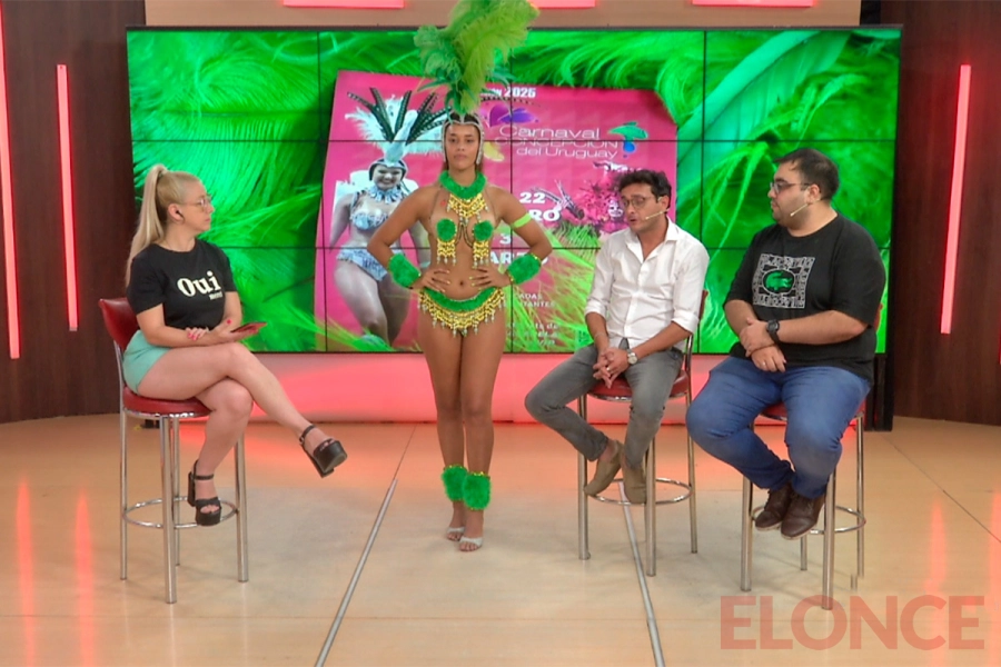 Representantes del Carnaval de Concepci&oacute;n del Uruguay, en los estudios de Elonce.