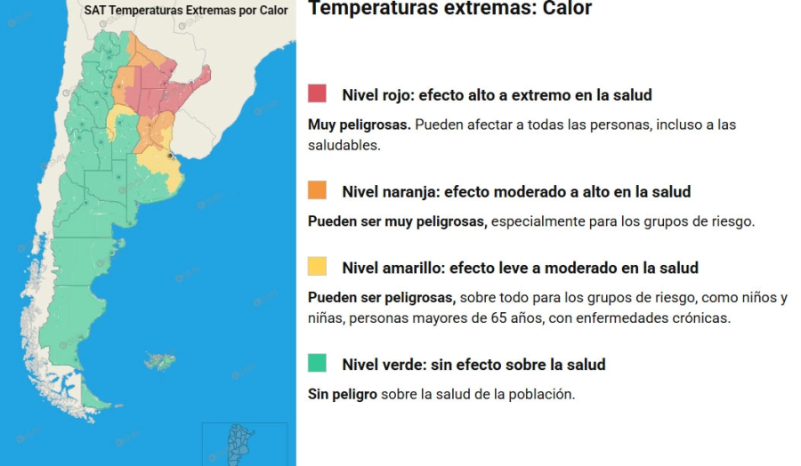 Las zonas del país en alerta por calor extremo. SMN