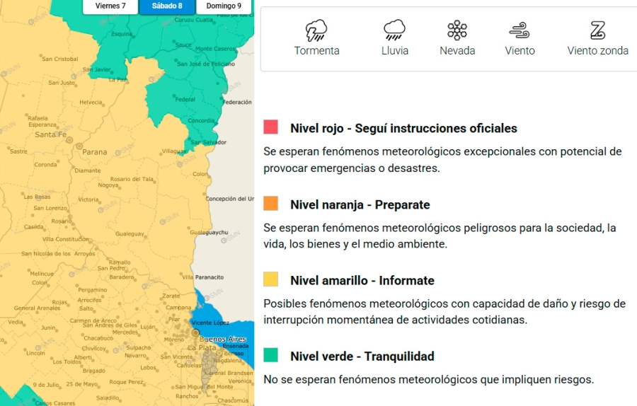 La zona de Entre Ríos en alerta para el sábado. SMN