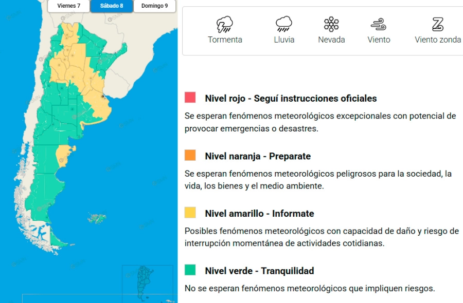 Las provincias en alerta por tormentas para el sábado. SMN