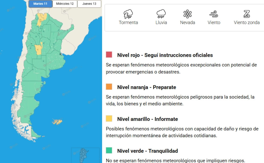 Las zonas del país bajo alertas meteorológicas. SMN