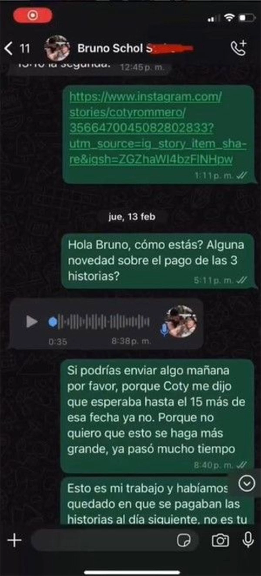 El chat. Instagram Coty Romero