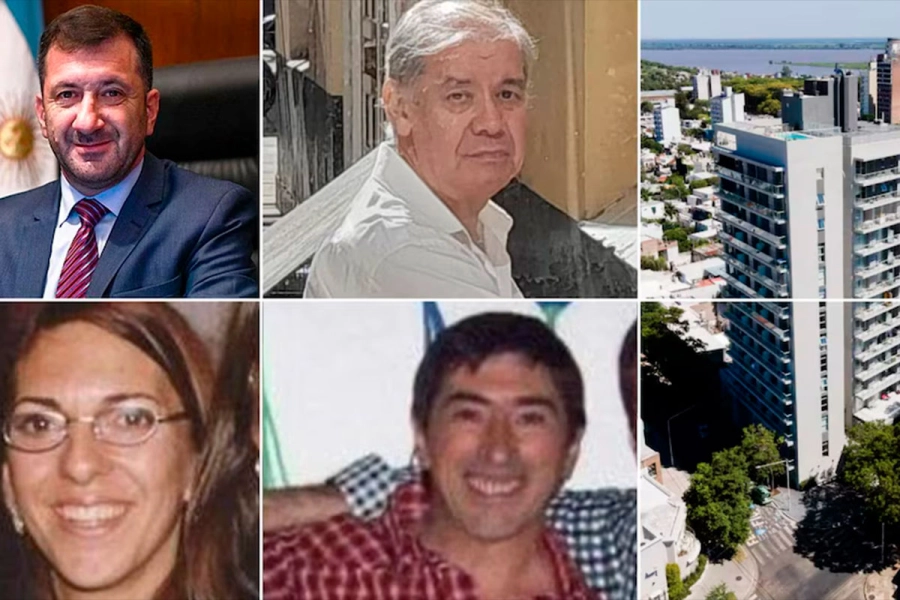 Kueider, Gonz&aacute;lez (arriba), Crucitta y Rubel (abajo) y a la derecha el edificio.