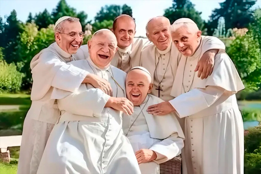 El encuentro de Francisco junto otros papas que lo precedieron realizado con IA.