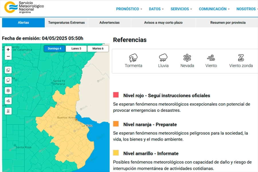 Alerta en Entre Ríos y Buenos Aires. (SMN)