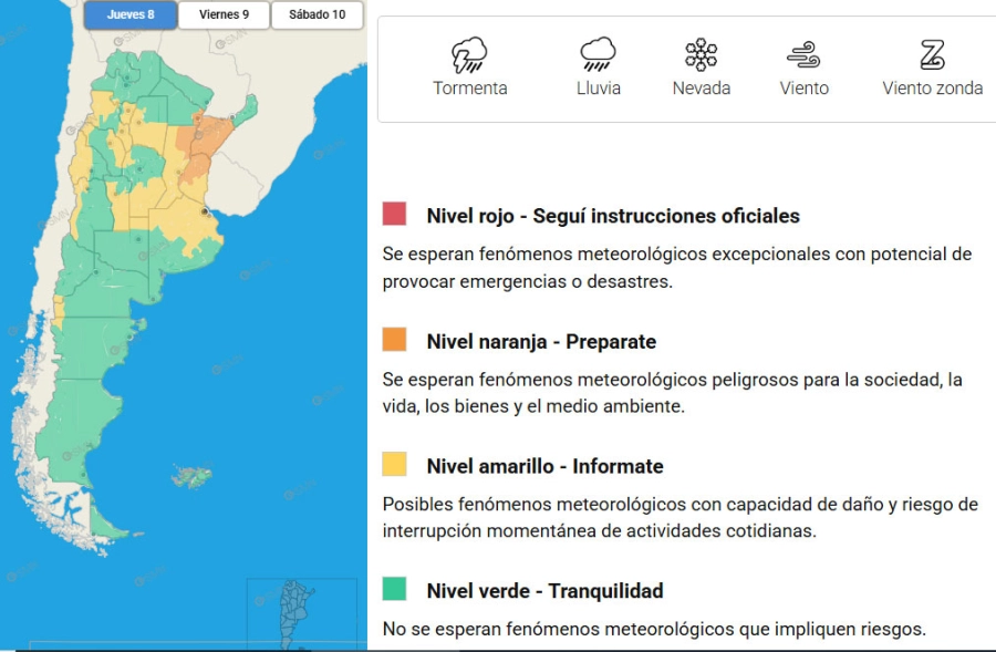 Las zonas del país bajo alerta. SMN