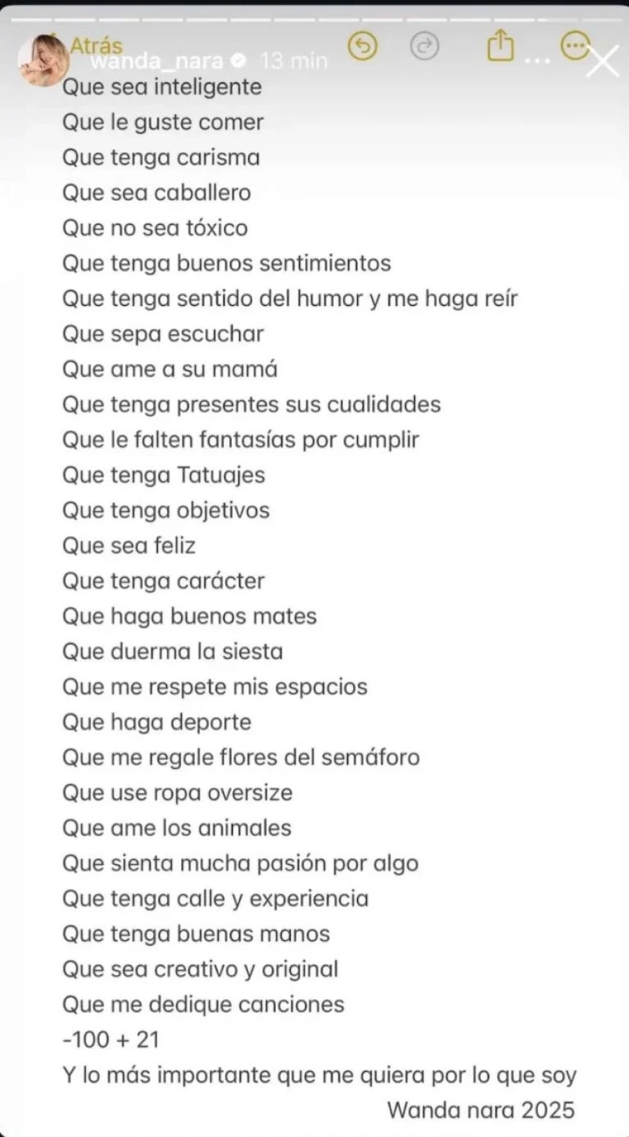 Lo requisitos de Wanda para su hombre ideal. Instagram