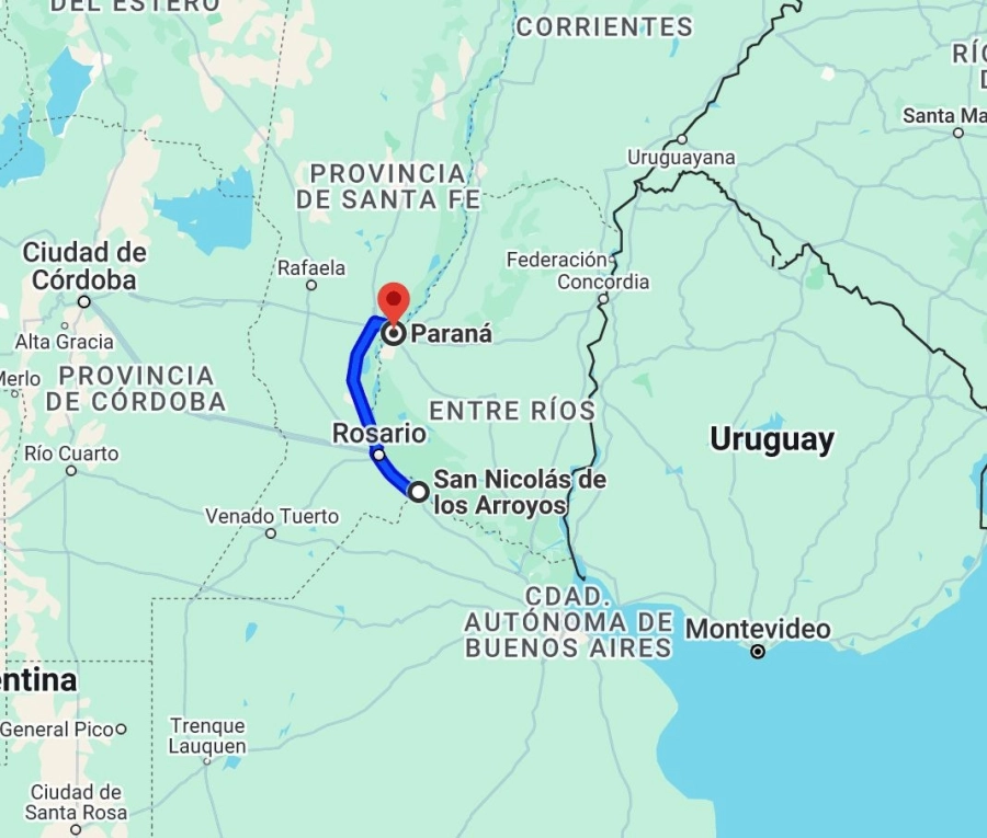 La distancia entre Paraná y San Nicolás (foto Google Maps)