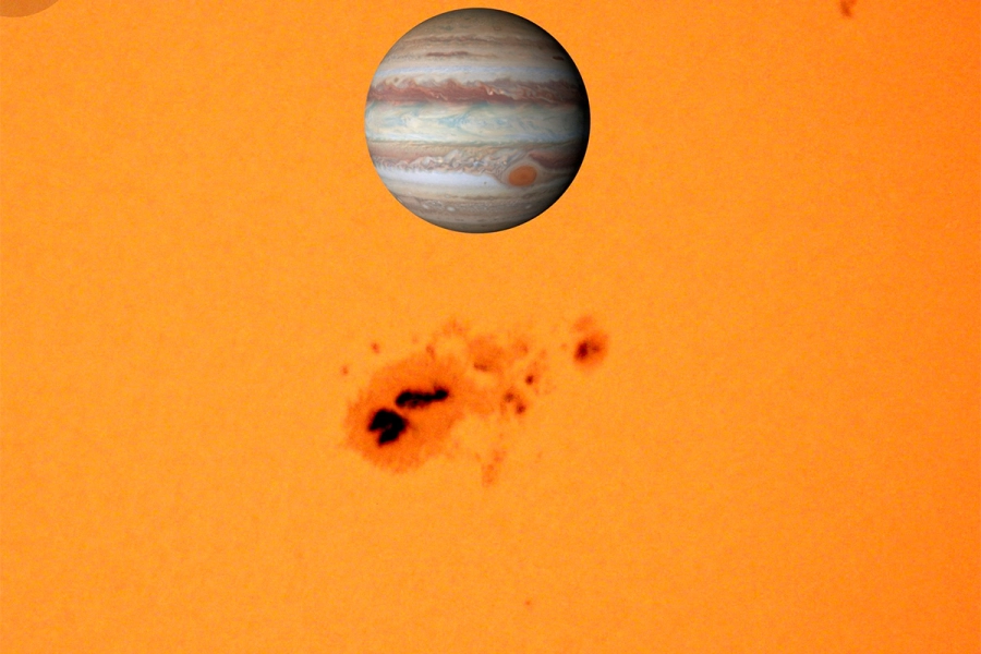 La mancha solar AR 4079 comparada con Júpiter. (Foto: astrofisicosenaccion)