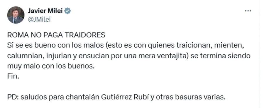El  segundo posteo de Milei. Red X