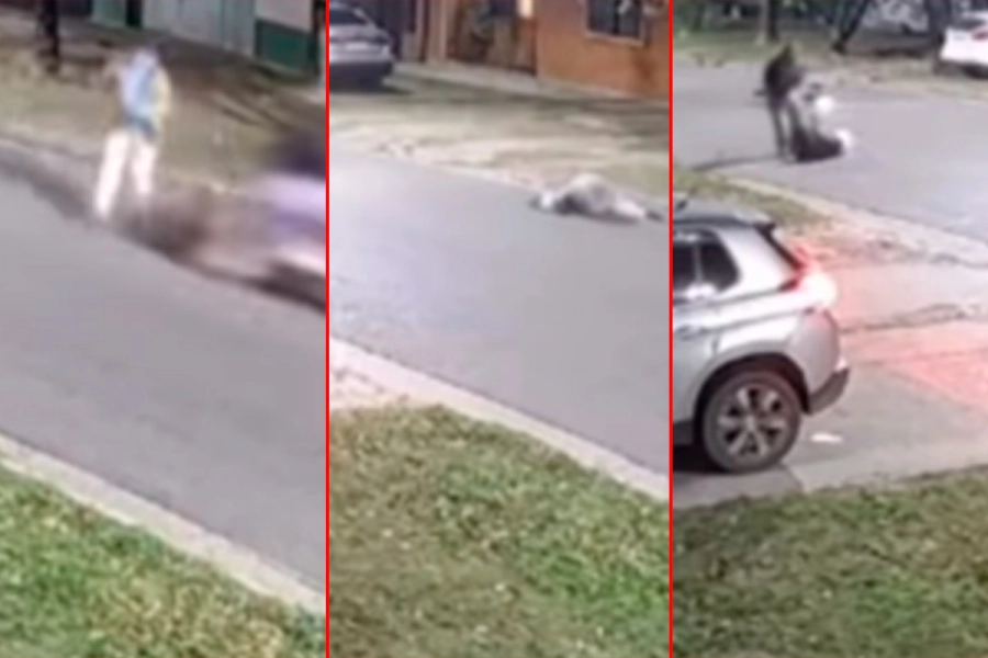 La secuencia del choque. A la izquierda, antes del choque. Al medio y a la derecha, los protagonistas tirados en el asfalto.