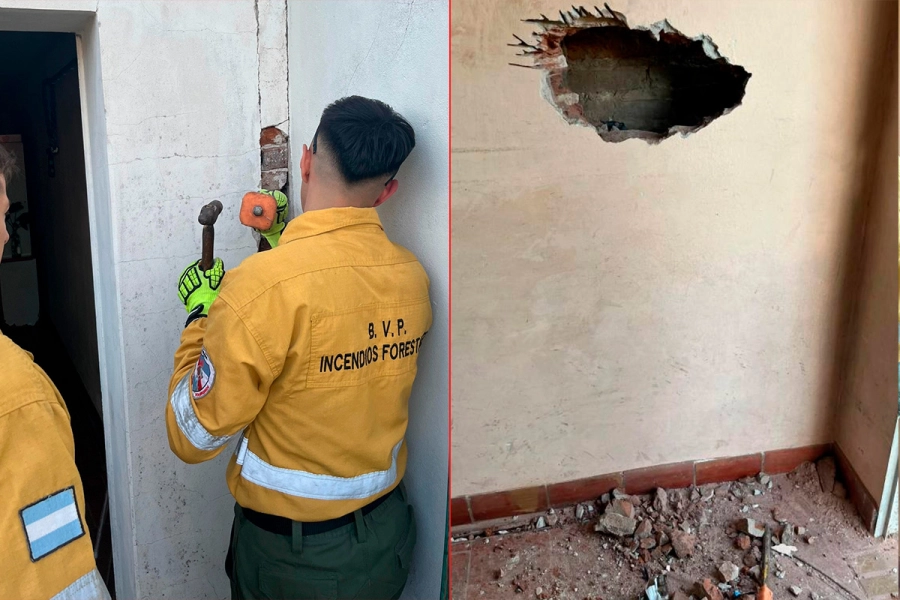 Rescataron a un perro atrapado en una medianera en Paraná (foto Bomberos Voluntarios Paraná)