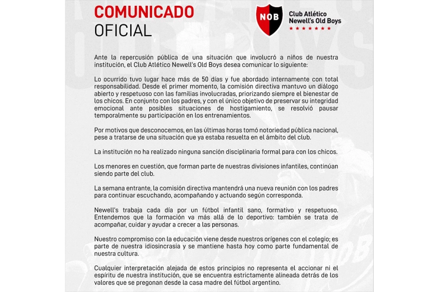 El comunicado de Newell's sobre la situaci&oacute;n de los chicos. (Foto: Prensa Newell's).